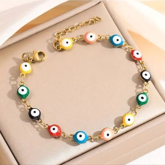 Unisex Bohemian Bracelet God Eye 14K Gold Plated Stainless Steel with Resin eye - Picture 3 of 5